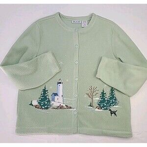 Blair Med Mint Green Fleece Winter Embroidered Cardigan Sweater PETITE M
